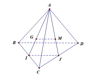 Cho tứ diện  A B C D . Gọi  G , M  là trọng tâm tam giác  A B C và  A C D . Khi đó, đường thẳng  M G  song song với mặt phẳng nào dưới đây? (ảnh 1)