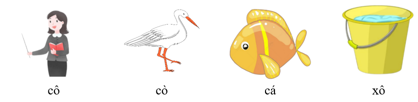 Viết chữ “cá, cò, cô, xô” dưới hình phù hợp.
 (ảnh 2)