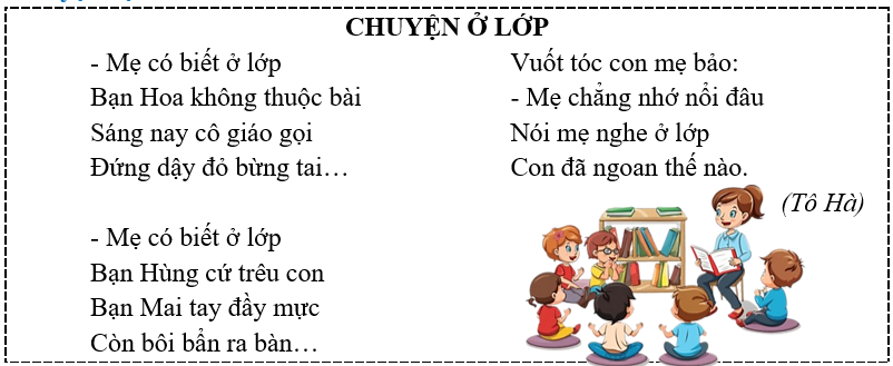 Luyện đọc

(a) Vì sao khi cô giáo gọi, bạn Hoa đỏ bừng tai?
(b) Mẹ muốn biết điều gì ở lớp của bạn nhỏ? (ảnh 1)
