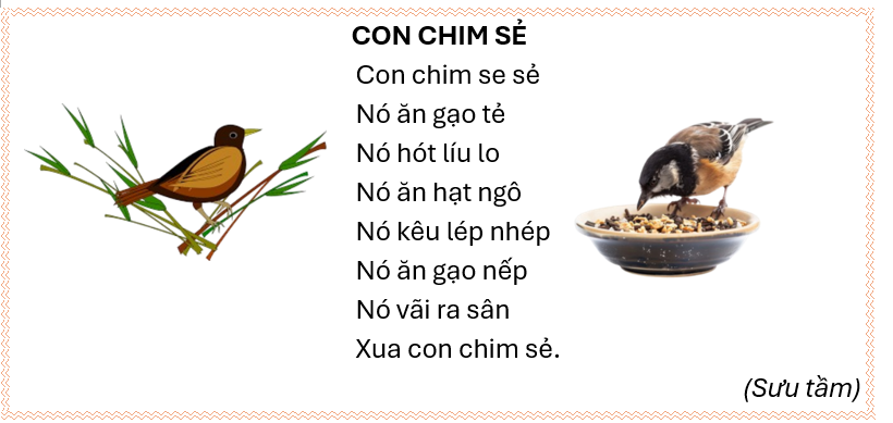 Đọc hiểu (2 điểm)
(a) Chim sẻ ăn ……………………………………………………………….
(b) Chim sẻ kêu ……………………………………………………………
(c) Bài thơ có xuất hiện ………….. tiếng có vần “ao”. (ảnh 1)