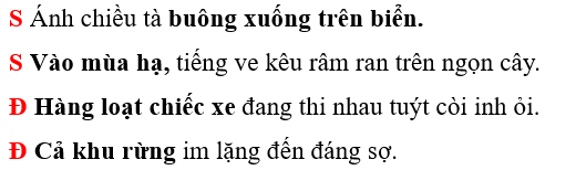 Em hãy ghi “Đ” trước câu đúng, “S” trước câu sai trong bài xác định chủ ngữ dưới đây:
… Ánh chiều tà buông xuống trên biển.
… Vào mùa hạ, tiếng ve kêu râm ran trên ngọn cây.
… Hàng loạt chiếc (ảnh 1)
