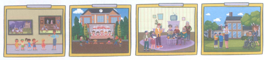 Dựa vào những bức tranh sau, em hãy chia sẻ suy nghĩ, cảm xúc của mình về một sự việc thể hiện truyền thống uống nước nhớ nguồn:
 (ảnh 1)