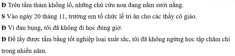 Dưới đây là bài tập xác định trạng ngữ của Quỳnh, em hãy kiểm tra lại bằng cách ghi “Đ” trước câu đúng, “S” trước câu sai: (0,5 điểm)
… Trên tấm thảm khổng lồ, những chú cừu non đang nằm sưởi (ảnh 1)