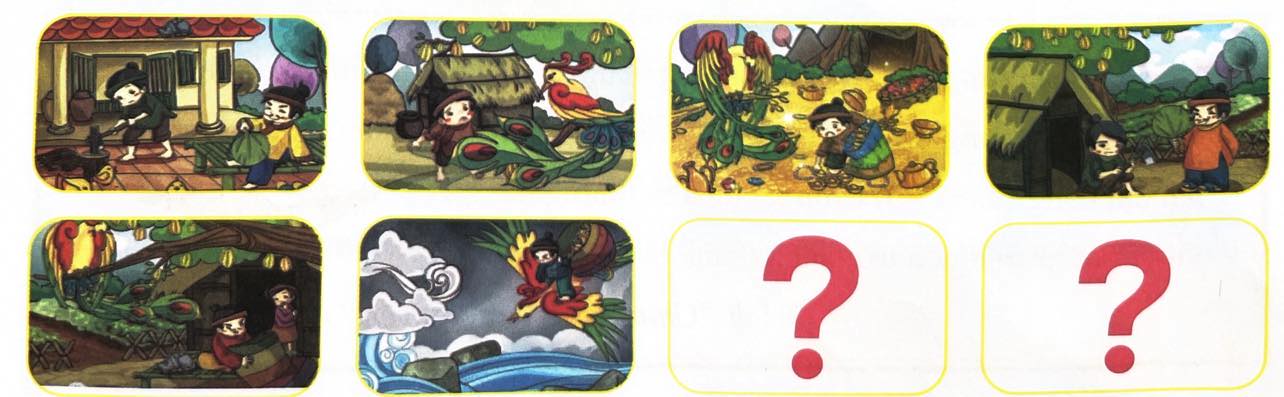 Câu hỏi: Dựa vào gợi ý trong các bức tranh sau, em hãy kể lại câu chuyện “Cây khế” và tưởng tượng đoạn kết khác cho câu chuyện:
 (ảnh 1)