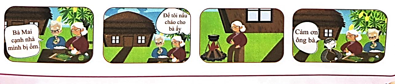 Câu hỏi: Em hãy quan sát bức tranh và kể lại câu chuyện tình làng nghĩa xóm của hai ông bà trong bức tranh.
 (ảnh 1)