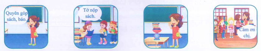 Dựa vào bức tranh và kể lại việc làm các bạn nhỏ kêu gọi quyên góp sách báo.
 (ảnh 1)