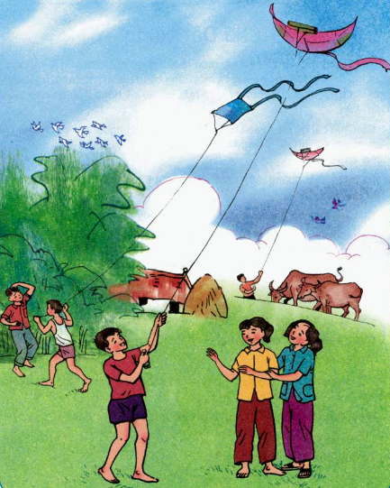 Em hãy viết lại câu nêu đúng hoạt động trong bức tranh sau và xác định, chủ ngữ, vị ngữ trong câu đó: (0,5 điểm)
1. Đàn trâu đang uống nước ngoài bờ đê.
2. Lũ trẻ con đang thả diều
3. Bác nôn (ảnh 1)