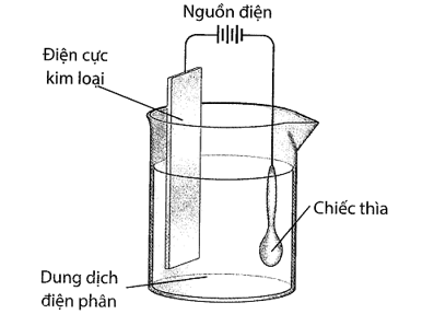 Sử dụng thiết bị sau với dòng điện một chiều, thực hiện mạ một chiếc thìa bằng kim loại như hình bên dưới:
 (ảnh 1)
