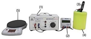 Để đo nhiệt h&oacute;a hơi ri&ecirc;ng của nước, cho c&aacute;c dụng cụ sau: C&acirc;n điện tử (1), biến thế nguồn (2), Watt kế c&oacute; t&iacute;ch hợp chức năng đo thời gian (3), nhiệt lượng kế k&egrave;m d&acirc;y điện trở (4), nhiệt kế điệ (ảnh 1)