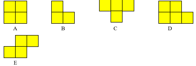 (1 điểm) Các hình dưới đây được tạo thành từ các ô vuông như nhau: 

(a) Những hình nào có diện tích bằng nhau?  
(b) Hình nào có diện tích lớn hơn diện tích hình A? (ảnh 1)