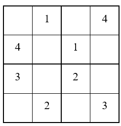 Điền số thích hợp vào ô trống sao cho:  
Các hàng ngang: Phải có đủ các số từ 1 đến 4, không trùng số và không cần đúng thứ tự. Các hàng dọc: Đảm bảo có đủ các số từ 1 đến 4, không trùng số,  (ảnh 1)