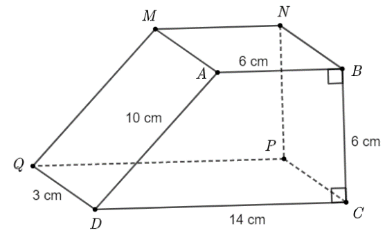 Cho hình lăng trụ đứng tứ giác với các kích thước như hình vẽ bên.
Tính thể tích của hình lăng trục đứng. (Đơn vị: cm3) (ảnh 1)