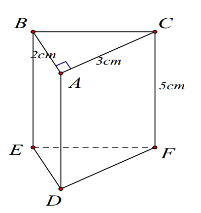 Thể tích hình lăng trụ đứng tam giác A B C . D E F trong hình vẽ bên là (ảnh 1)