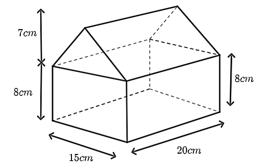 Một ngôi nhà đồ chơi có kích thước như hình dưới dây.
Hỏi thể tích của ngôi nhà là bao nhiêu? (Đơn vị: cm3) (ảnh 2)