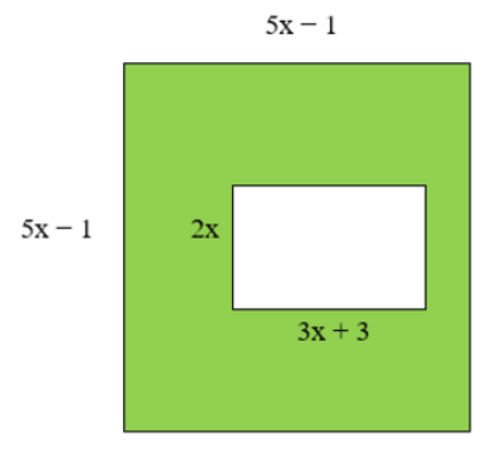 Cho hình vuông bên ngoài có cạnh là 5 x − 1 ( m ) và hình chữ nhật bên trong có chiều dài bằng 3 x + 3 ( m ) và chiều rộng bằng 2 x ( m ) như hình bên dưới. (ảnh 1)