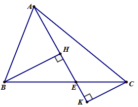 Cho  Δ A B C , điểm  E  nằm giữa  B , C  ( A E  không vuông góc với  B C ). Gọi  H  và  K  là chân các đường vuông góc kẻ từ  B , C  đến đường thẳng  A E .    Khi đó:  (i).  B E > B H .  (ii).  C K < E C . (ảnh 1)