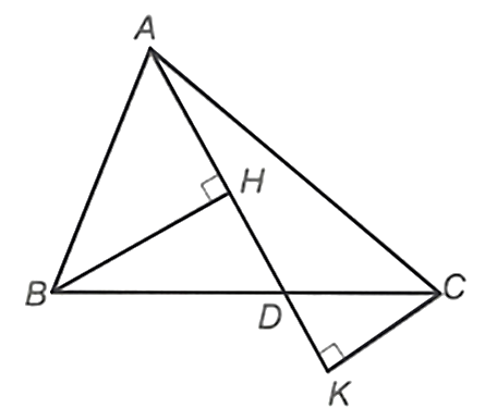 Cho tam giác  A B C , lấy  D  là điểm nằm giữa  B  và  C  ( A D  không vuông góc với  B C ). Kẻ  B H ⊥ A D  tại  H  và  C K ⊥ A D  tại  K . (ảnh 1)