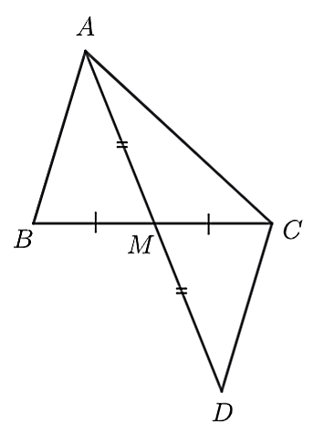 Cho tam giác A B C có A B < A C và M là trung điểm B C . Kết luận nào sau đây sai? (ảnh 1)