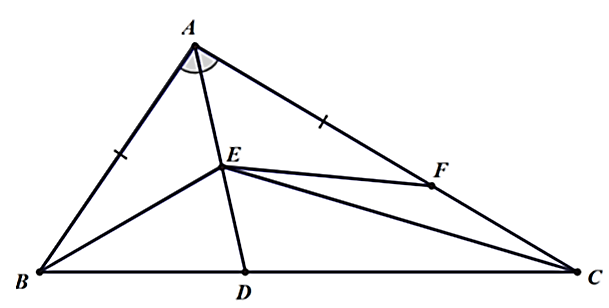 Cho  Δ A B C  có  A B < A C  và  A D  là tia phân giác góc  A ( D ∈ B C ) . Gọi  E  là một điểm bất kì thuộc cạnh  A D  ( E  khác  A ). Trên  A C  lấy điểm  F  sao cho  A F = A B . (ảnh 1)