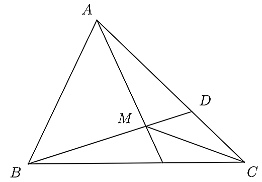 Cho điểm M nằm trong tam giác A B C . Kẻ B M cắt cạnh A C tại D . (ảnh 1)