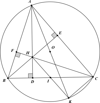 Cho tam giác ABC có ba góc nhọn nội tiếp đường tròn (O; R). Các đường cao AD, BE, CF của tam giác ABC cắt nhau tại H. (a) Chứng minh bốn điểm    (ảnh 1)