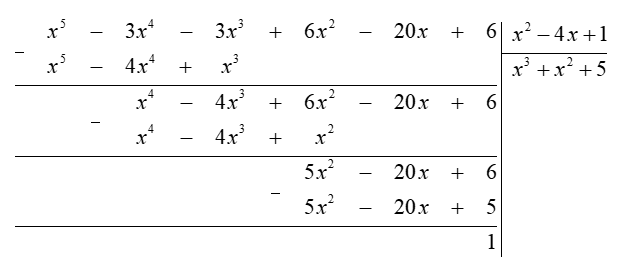 Cho  x^2 − 4 x + 1 = 0 .  Tính giá trị của biểu thức  A = x^5 − 3 x^4 − 3 x^3 + 6 x^2 − 20 x + 6 . (ảnh 1)