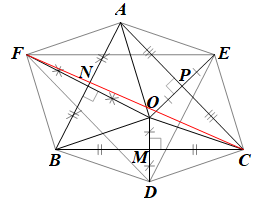 Cho tam giác  A B C  có ba góc nhọn. Các điểm  M , N , P  lần lượt là trung điểm của cạnh  B C , A B , A C . Gọi  O  là giao điểm các đường trung trực của tam giác  A B C (ảnh 1)