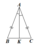Cho  Δ A B C  cân tại  A , có  A K  là đường phân giác ( K  thuộc cạnh  B C ). Nhận định nào sau đây là sai? (ảnh 1)