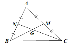 Cho  Δ A B C  có hai đường trung tuyến  B M  và  C N  cắt nhau tại  G . Khẳng định nào sau đây là sai? (ảnh 1)