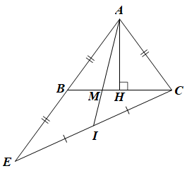 Cho tam giác  A B C  cân tại  A . Kẻ  A H ⊥ B C  tại  H .  (a) Chứng minh  Δ A H B = Δ A H C , từ đó suy ra  H  là trung điểm của  B C .  (b) Trên tia đối của tia  B A  lấy điểm  E  sao cho  A B = B E . Gọi  I  là trung điểm (ảnh 1)