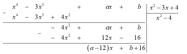  Tìm các số nguyên  a  và  b  để đa thức  A ( x ) = x^4 − 3 x^3 + a x + b  chia hết cho đa thức  B ( x ) = x^2 − 3 x + 4 . (ảnh 1)