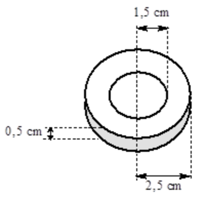Một đồ vật được làm bằng kim loại Fe dang hình trụ rỗng có bán kính trong là 1,50 cm, bán kính ngoài là 2,5 cm và chiều cao là 0,50 cm (hình bên). Người ta mạ kim loại Ni cho đồ vật trên bằng (ảnh 1)