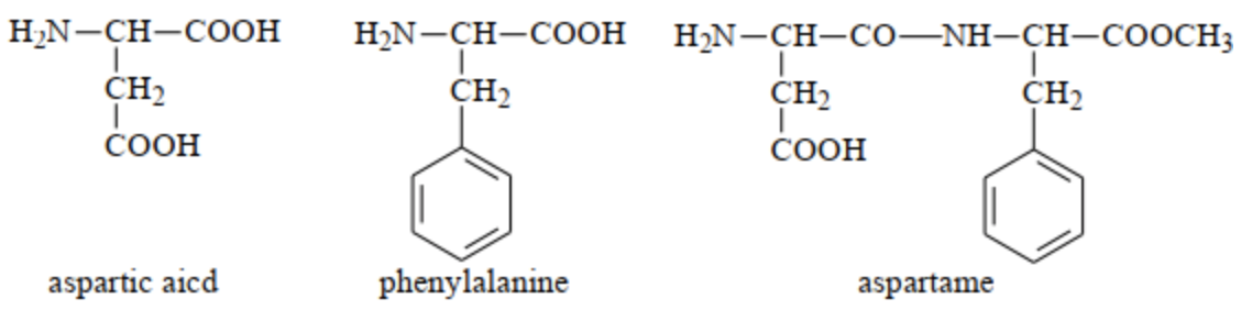 Sự kết hợp giữa aspartic acid và phenylalanine tạo thành peptide, peptide này có thể được chuyển đổi thành methyl ester gọi là aspartame. Công thức của aspatic acid, phenylalanine, aspartame  (ảnh 1)
