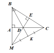 Cho  Δ A B C  vuông tại  A  ( A B < A C ). Tia phân giác của  ˆ B  cắt  A C  tại  D . Kẻ  D E  vuông góc với  B C  tại  E . Gọi  M  là giao điểm của  A B  và  D E . (ảnh 1)