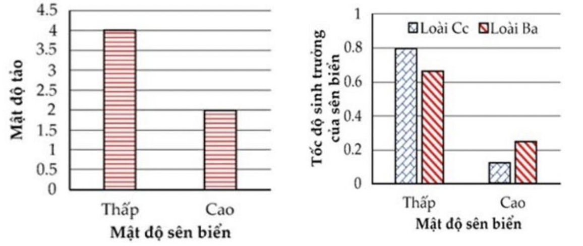 Một hệ sinh thái có hai loài sên biển Ba và Cc là 2 loài động vật ăn tảo cùng sinh sống. Một thí nghiệm được tiến hành để tìm hiểu tác động của mật độ sên biển (tổng cộng cả hai loài) lên khả (ảnh 1)