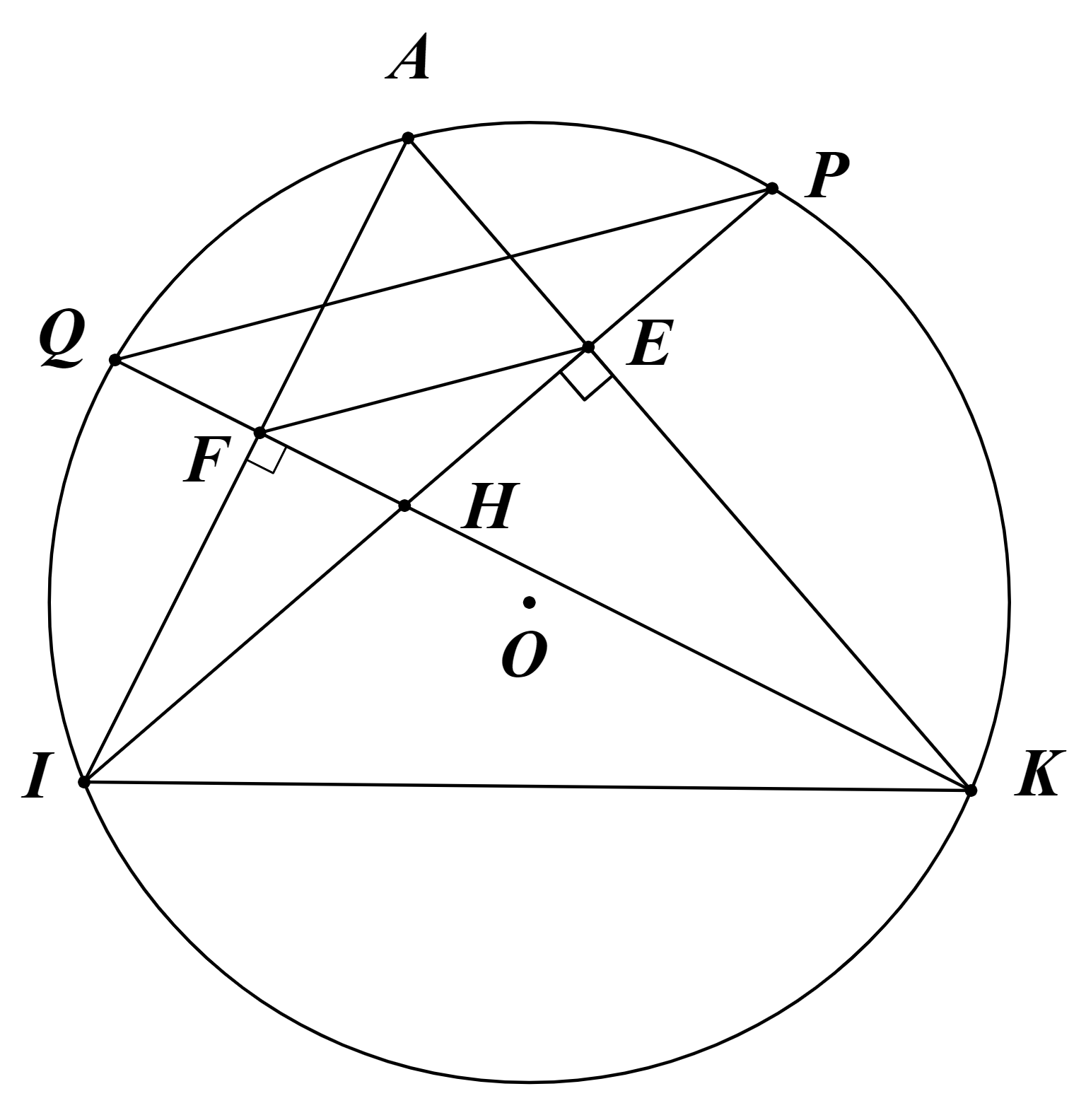Cho đường tròn  ( O ; R )  và dây cung  I K  không đi qua tâm  O . Trên cung lớn  I K  lấy điểm  A  sao cho  A I < A K . Kẻ  I E  vuông góc với  A K  tại  E ,  K F  vuông góc với  A I  tại  F ,  I E  cắt  K F  tại  H . (ảnh 1)