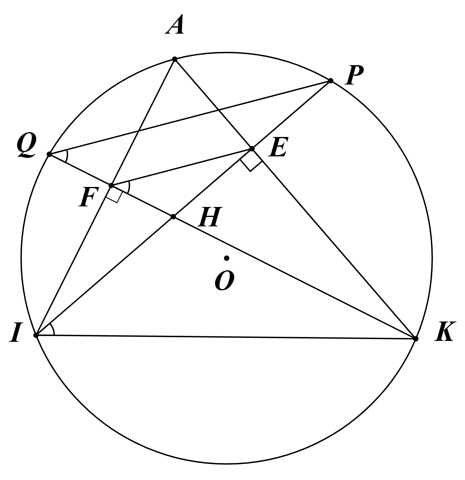 Cho đường tròn  ( O ; R )  và dây cung  I K  không đi qua tâm  O . Trên cung lớn  I K  lấy điểm  A  sao cho  A I < A K . Kẻ  I E  vuông góc với  A K  tại  E ,  K F  vuông góc với  A I  tại  F ,  I E  cắt  K F  tại  H . (ảnh 2)
