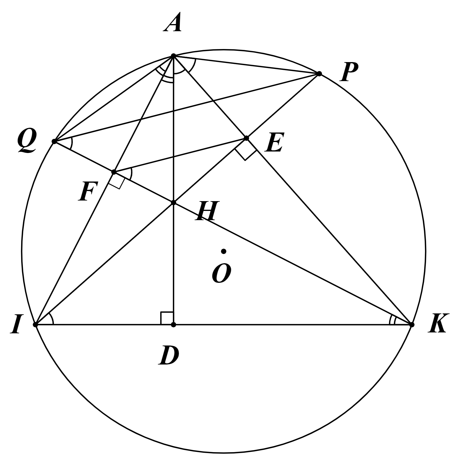 Cho đường tròn  ( O ; R )  và dây cung  I K  không đi qua tâm  O . Trên cung lớn  I K  lấy điểm  A  sao cho  A I < A K . Kẻ  I E  vuông góc với  A K  tại  E ,  K F  vuông góc với  A I  tại  F ,  I E  cắt  K F  tại  H . (ảnh 3)