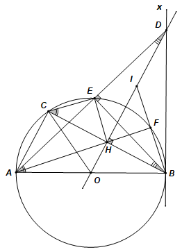 Cho đường tròn tâm O đường kính AB,C là điểm thuộc đường tròn sao cho AC<BC. Từ điểm O kẻ đường thẳng vuông góc với dây BC tại H, cắt tiếp tuyến Bx tại D. Đường thẳng AD cắt đường tròn (O) tại điểm E. (ảnh 1)