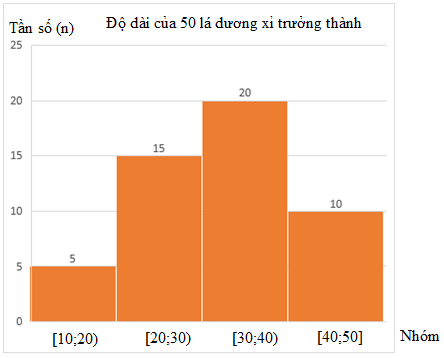 Sau khi thống kê độ dài (đơn vị: centimét) của  50  lá dương xỉ trưởng thành, người ta có bảng tần số ghép nhóm như sau:    (a) Tìm tần số ghép nhóm và tần số tương đối ghép nhóm của nhóm  [ 20 ; 30 ) . (ảnh 2)