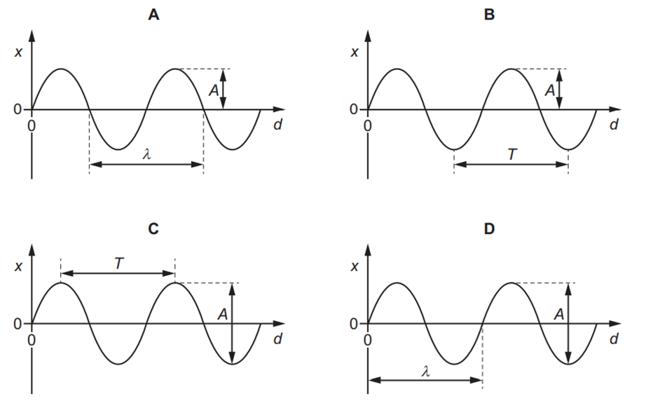 Một sóng có chu kỳ T, bước sóng \(λ\) và biên độ A. Sóng được biểu diễn trên đồ thị độ dịch chuyển x theo khoảng cách d. Đồ thị nào được chú thích đúng?

A. Hình (ảnh 1)