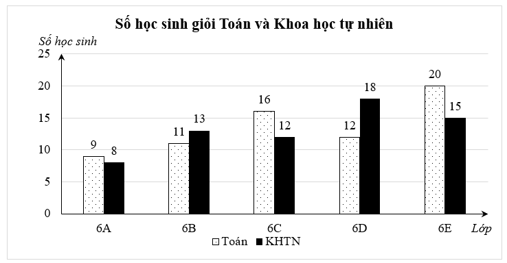 Biểu đồ cột kép dưới đây biểu diễn số học sinh giỏi hai môn Toán và Khoa học tự nhiên (KHTN) của các lớp 6A, 6B, 6C, 6D và 6E.

Dựa vào biểu đồ trên em hãy cho biết:
(a) Đối tượng thống kê và (ảnh 1)