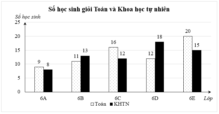 Biểu đồ cột kép dưới đây biểu diễn số học sinh giỏi hai môn Toán và Khoa học tự nhiên (KHTN) của các lớp 6A, 6B, 6C, 6D và 6E.

Dựa vào biểu đồ trên em hãy cho biết:
(a) Đối tượng thống kê và (ảnh 1)