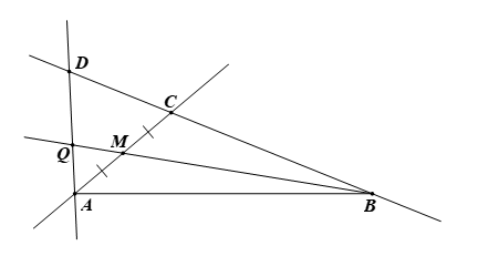 Vẽ hình theo diễn đạt sau:  Cho ba điểm  A , B , C  không thẳng hàng, vẽ các đoạn thẳng  A B , đường thẳng  A C  và tia  C B .  Lấy điểm  M  là trung điểm của đoạn thẳng  A C (ảnh 1)