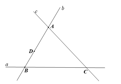Cho hình vẽ:    (a) Kể tên các đoạn thẳng trong hình.  (b) Kể tên hai tia đối gốc  D .  (c) Tính độ dài đoạn thẳng  A D  biết  A B = 5 c m ; B D = 2 c m . (ảnh 1)