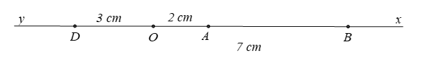 Trên tia  O x  lấy hai điểm  A  và  B  sao cho  O A = 2 c m  ,  O B = 7 c m .  (a) Tính độ dài đoạn thẳng  A B ?  (b) Vẽ tia  O y  là tia đối của tia  O x , trên tia  O y  lấy điểm  D  sao cho  O D = 3 c m .  (ảnh 1)