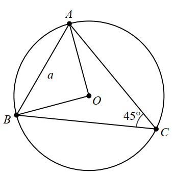 Cho tam giác ABC nội tiếp đường tròn (O; R) biết góc C = 45 độ và AB = a. Bán kính đường tròn(O) là (ảnh 1)