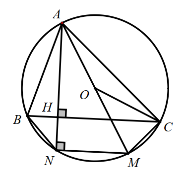 Cho tam giác ABC nhọn, đường cao AH và nội tiếp đường tròn (O) đường kính AM. Gọi N là giao điểm của AH với đường tròn (O) (ảnh 1)