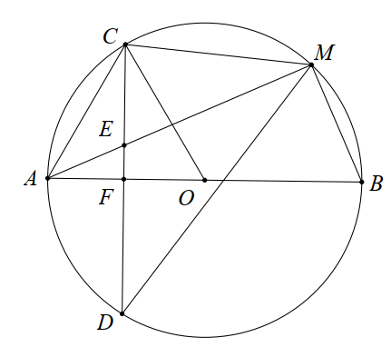 Cho đường tròn tâm O, đường kính AB, dây CD vuông góc với AB tại F. Gọi M là một điểm thuộc cung nhỏ BC (M khác B, C), hai đường thẳng AM và CD cắt  (ảnh 1)