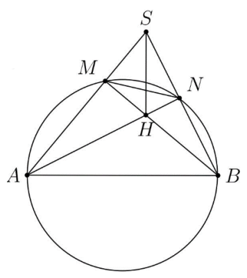 Cho đường tròn tâm O, đường kính AB và S là một điểm nằm ngoài đường tròn. Các đường thẳng SA,SB lần lượt cắt đường tròn (O) tại điểm thứ hai M, N (ảnh 1)